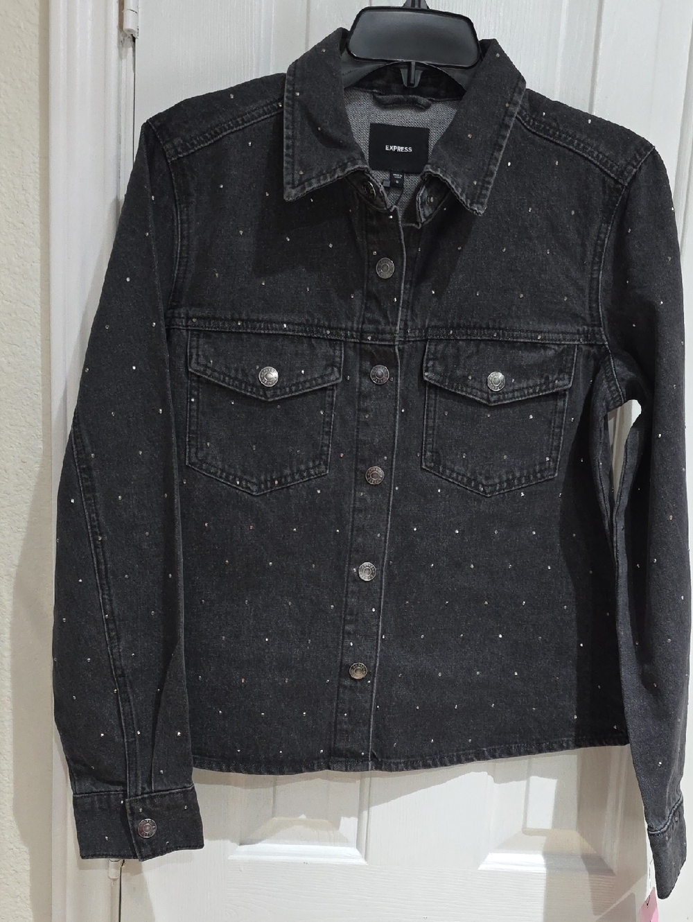 Express NWT Women's Black Denim Jacket with Subtle Speckle Detail Size S